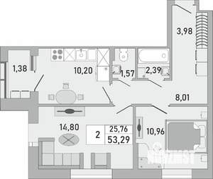 2-к квартира, строящийся дом, 53м2, 22/24 этаж
