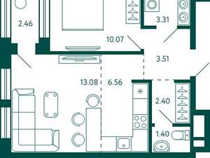 1-к квартира, строящийся дом, 42м2, 17/27 этаж