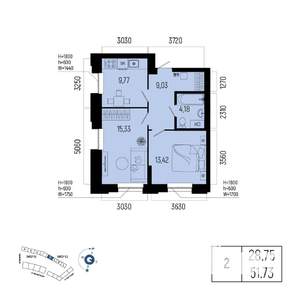 2-к квартира, вторичка, 52м2, 2/13 этаж