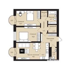 2-к квартира, вторичка, 75м2, 3/25 этаж
