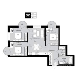 3-к квартира, вторичка, 73м2, 8/25 этаж