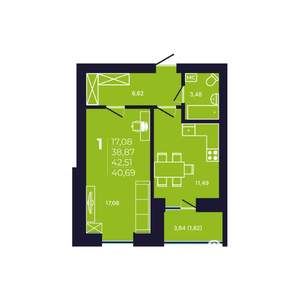 1-к квартира, строящийся дом, 40м2, 2/12 этаж