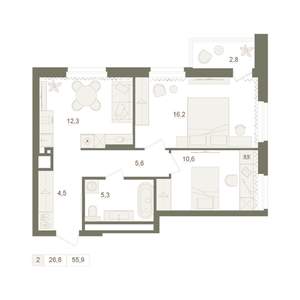 2-к квартира, вторичка, 56м2, 22/25 этаж