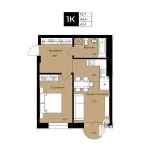 1-к квартира, вторичка, 45м2, 22/25 этаж