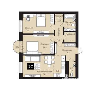 2-к квартира, вторичка, 75м2, 6/25 этаж