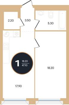 1-к квартира, вторичка, 47м2, 6/15 этаж