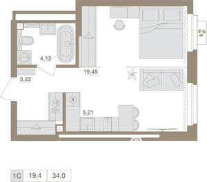 1-к квартира, вторичка, 34м2, 19/25 этаж