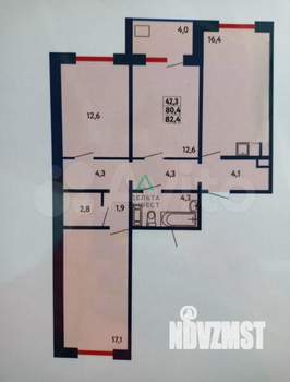 4-к квартира, вторичка, 82м2, 1/15 этаж