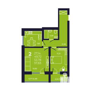 2-к квартира, строящийся дом, 54м2, 16/25 этаж