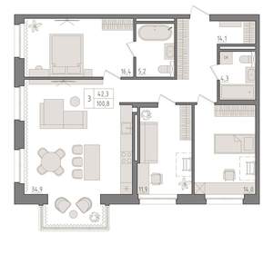 3-к квартира, вторичка, 101м2, 13/18 этаж