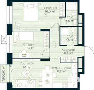 2-к квартира, строящийся дом, 62м2, 11/30 этаж