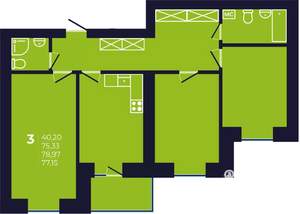 3-к квартира, строящийся дом, 77м2, 7/12 этаж