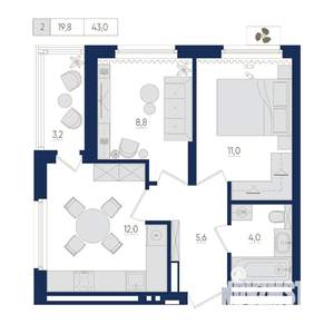 2-к квартира, вторичка, 43м2, 16/22 этаж
