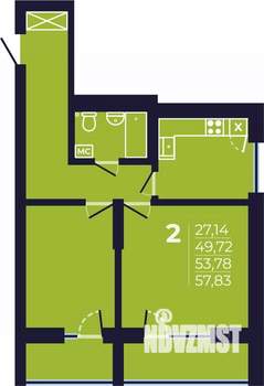 2-к квартира, строящийся дом, 54м2, 7/25 этаж
