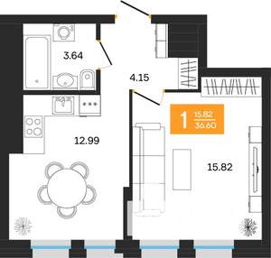 1-к квартира, вторичка, 37м2, 23/25 этаж