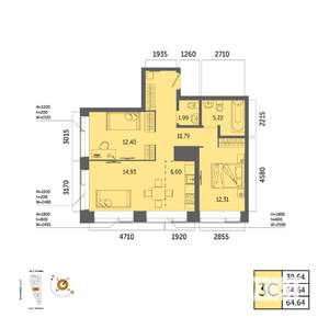 3-к квартира, вторичка, 65м2, 23/32 этаж