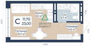 1-к квартира, вторичка, 23м2, 13/23 этаж
