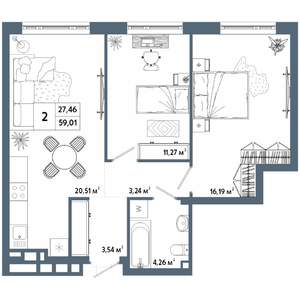2-к квартира, вторичка, 59м2, 24/31 этаж