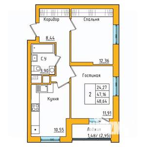 2-к квартира, строящийся дом, 48м2, 17/27 этаж