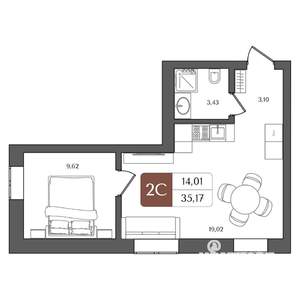 2-к квартира, строящийся дом, 35м2, 5/21 этаж