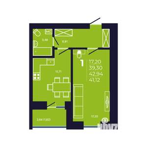 1-к квартира, строящийся дом, 41м2, 2/12 этаж