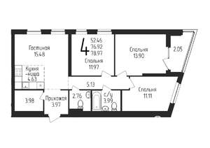3-к квартира, строящийся дом, 79м2, 3/25 этаж