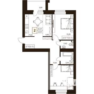 2-к квартира, строящийся дом, 63м2, 8/10 этаж