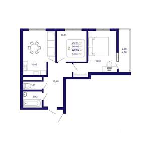 2-к квартира, вторичка, 61м2, 7/25 этаж