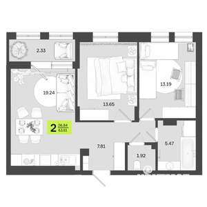 2-к квартира, сданный дом, 64м2, 2/14 этаж