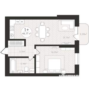 1-к квартира, строящийся дом, 46м2, 8/24 этаж