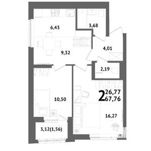 2-к квартира, вторичка, 68м2, 12/21 этаж