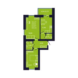 2-к квартира, вторичка, 61м2, 2/12 этаж