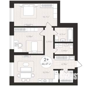 2-к квартира, строящийся дом, 66м2, 21/24 этаж