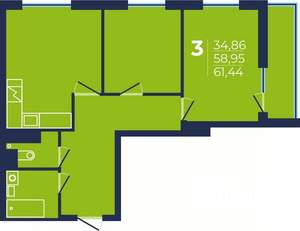3-к квартира, строящийся дом, 61м2, 7/25 этаж