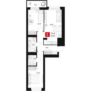 2-к квартира, вторичка, 62м2, 3/15 этаж