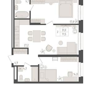 2-к квартира, вторичка, 72м2, 11/18 этаж