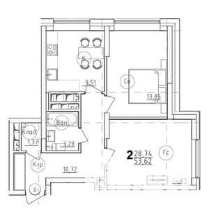 2-к квартира, строящийся дом, 54м2, 15/28 этаж