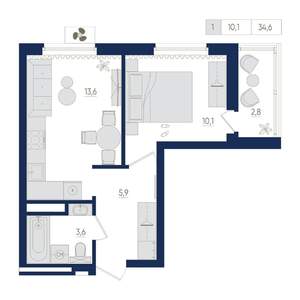 1-к квартира, вторичка, 35м2, 10/22 этаж