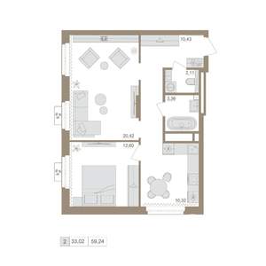 2-к квартира, вторичка, 59м2, 3/20 этаж