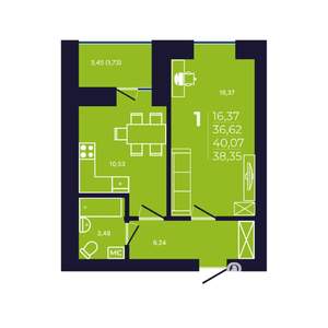 1-к квартира, строящийся дом, 38м2, 12/12 этаж