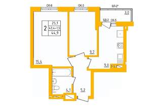 2-к квартира, строящийся дом, 45м2, 22/27 этаж