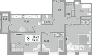 3-к квартира, строящийся дом, 87м2, 24/24 этаж