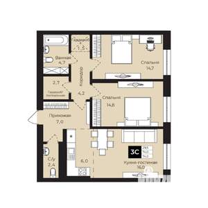 2-к квартира, вторичка, 74м2, 18/25 этаж