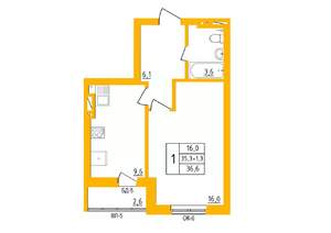 1-к квартира, строящийся дом, 37м2, 10/27 этаж