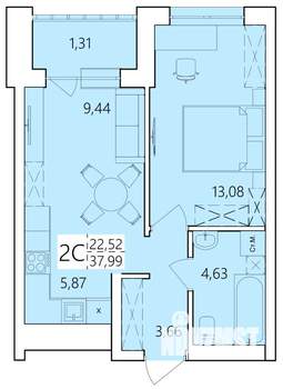 2-к квартира, строящийся дом, 38м2, 20/25 этаж