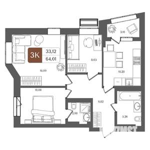 3-к квартира, строящийся дом, 64м2, 4/21 этаж