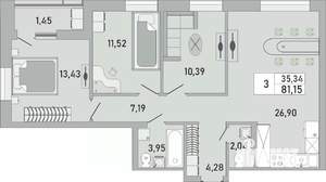 3-к квартира, вторичка, 81м2, 24/24 этаж