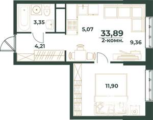 2-к квартира, строящийся дом, 34м2, 22/24 этаж