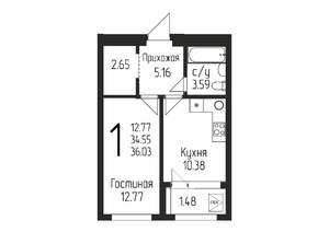 1-к квартира, строящийся дом, 36м2, 16/24 этаж